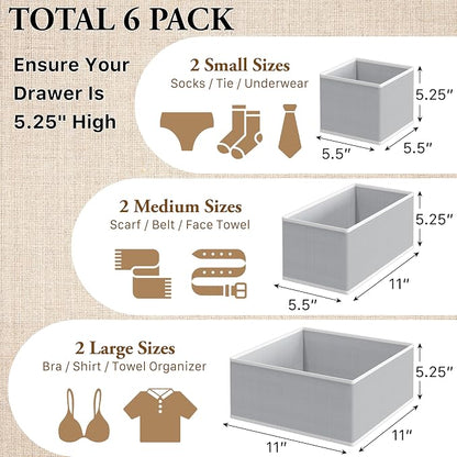 Simple Houseware Underwear Drawer Organizer for Lingerie/Undergarment/Bra/Panty/Sock/Onesie, Set of 6, Gray