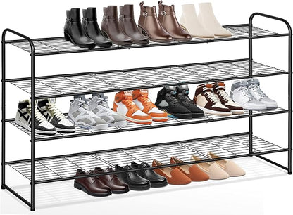 KEETDY 4-Tier Long Shoe Rack for Closet Metal Shoe Organizer for Entryway, Wide Stackable Shoe Storage Shelf with Sturdy Wire Grid for Closet Floor, Bedroom, Black