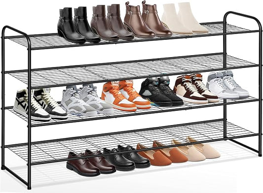 KEETDY 4-Tier Long Shoe Rack for Closet Metal Shoe Organizer for Entryway, Wide Stackable Shoe Storage Shelf with Sturdy Wire Grid for Closet Floor, Bedroom, Black
