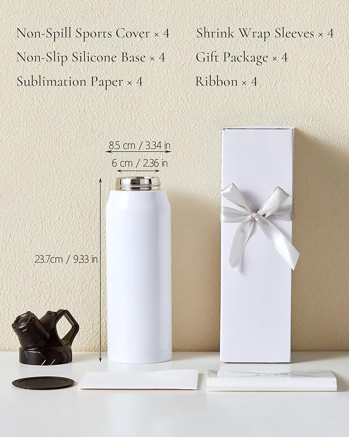 4 Pack 32 OZ Sublimation Water Bottle Blanks in Bulk, Stainless Steel Insulated Sports Tumbler Cups with Polymer Coating for Heat Transfer, With Lid, Coaster, Keepsake Box, Sublimation Paper