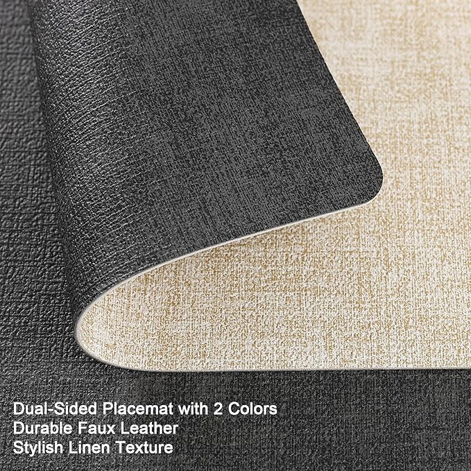 Myir JUN Dual Sided Faux Leather Placemats Set of 6 Indoor/Outdoor Square Non-Slip Washable Table Mats (Gray Cream-White)