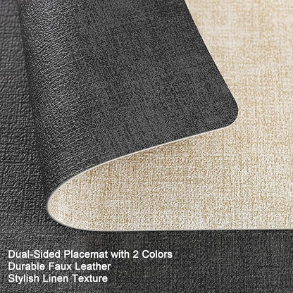 Myir JUN Dual Sided Faux Leather Placemats Set of 6 Indoor/Outdoor Square Non-Slip Washable Table Mats (Gray Cream-White)