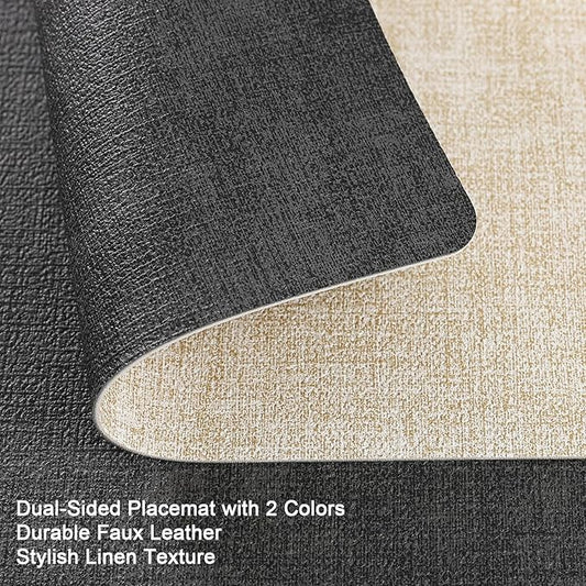 Myir JUN Dual Sided Faux Leather Placemats Set of 6 Indoor/Outdoor Square Non-Slip Washable Table Mats (Gray Cream-White)
