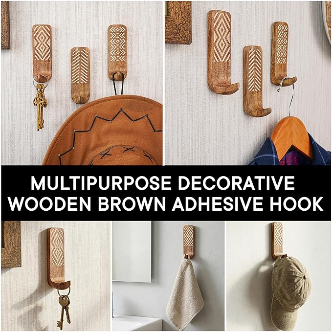 Indian Shelf Boho Decorative Wood Adhesive Wall Hooks for Hanging Coats, Keys, Leash, Hat, Towel Holder, Cute Sticky Key Holder, Brown White Western Wall Décor (3 Hook 6 Strips)