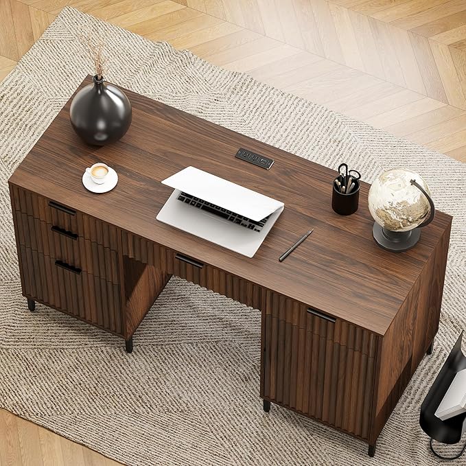 55" Large Fluted Executive Desk with Charging Station, Computer Desk with Storage Cabinet and File Drawer, Modern Wooden Home Office Desk for Workspace, Writing, Study, Brown