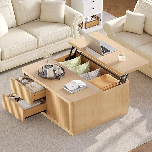 Itaar 39.4'' Lift Top Coffee Table with Storage, Fluted Coffee Tables for Living Room, Square Coffee Table with Large Hidden Compartment & 2 Drawrs & Adjustables Shelves, Oak