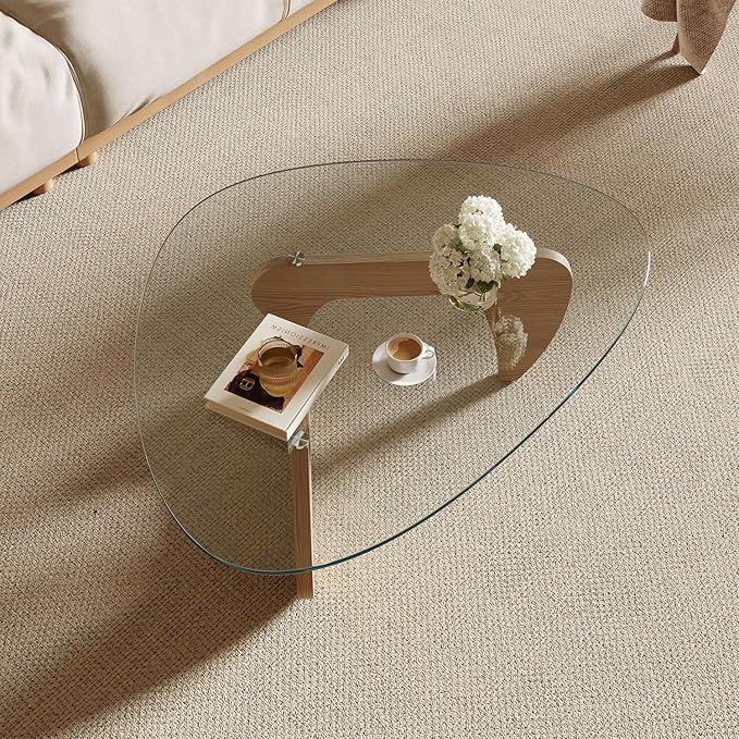 Modern Coffee Table for Living Room and Small Spaces, 35.6" x 25.4" x 15.8" Triangle Tempered Glass Table Top and Solid Wood Base, Natural Wood