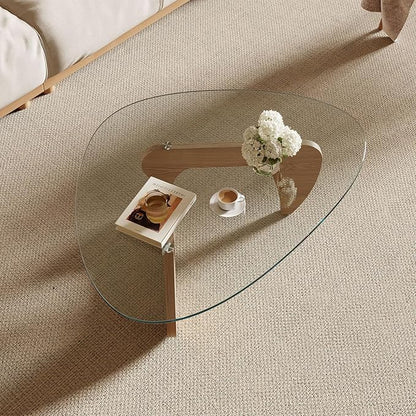 Modern Coffee Table for Living Room and Small Spaces, 43.3" x 29.5" x 15.8" Triangle Tempered Glass Table Top and Eco-Friendly Solid Wood Base, Natural Wood