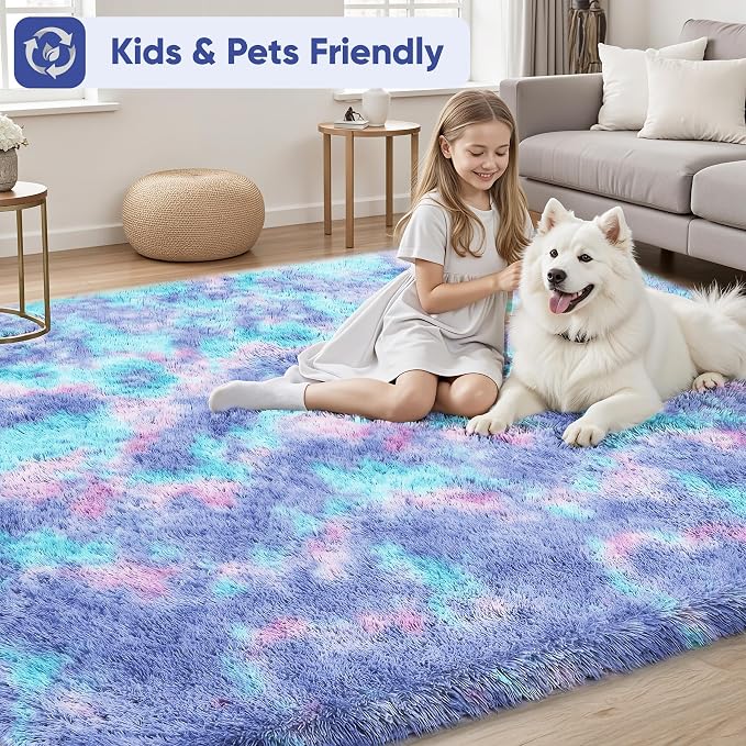 Rainbow 8x10 Fluffy Rugs for Girls Bedroom: Large Shag High Pile Area Rug Upgrade Non-Slip Plush Fuzzy Living Room Rug Shaggy Soft Indoor Floor Carpet Nursery Rugs for Kids Baby Toddler Home Decor