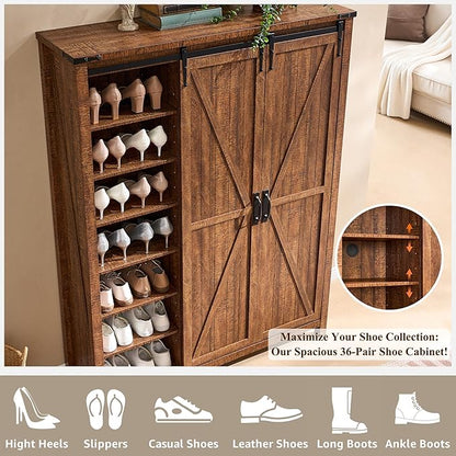 OKD Storage Cabinet with 2 Sliding Door, 7-Tier 62" Tall Farmhouse Entryway Shoe Cabinet, Freestanding Rustic Hidden Shoe Organizer for Entryway, Reclaimed Barnwood