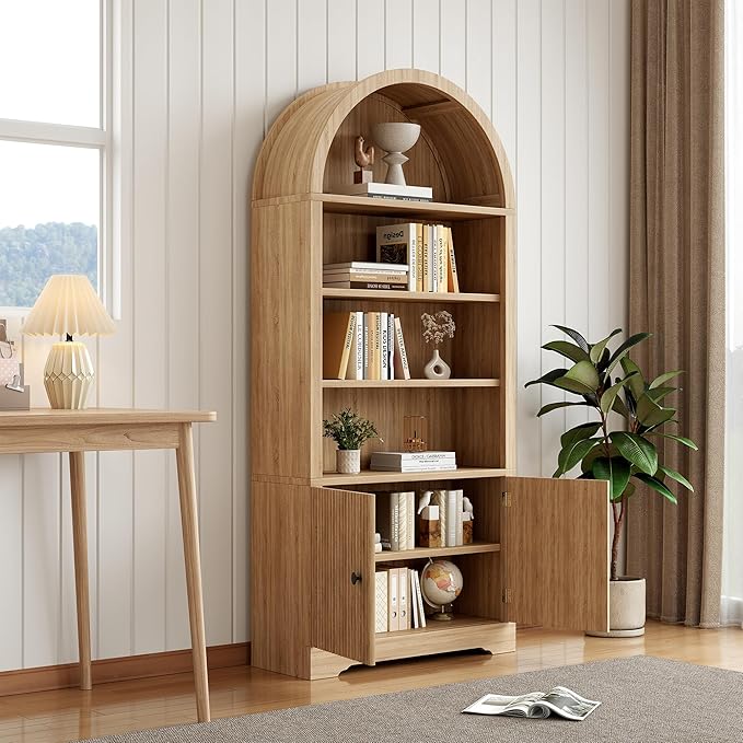 LCVTNDArched Bookcase with Storage, 6 Tier Bookshelf with Door, Freestanding Display Storage Cabinet Farmhouse Storage Shelves for Living Room,Bedroom Home Office,Natural Oak*2