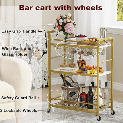 3 Tier Bar Cart, Small Beverage Cart, Mini Bar Cart with Wine Rack, Home Bar Serving Cart with Wheels for Kitchen Dining Living Room (Gold, General)