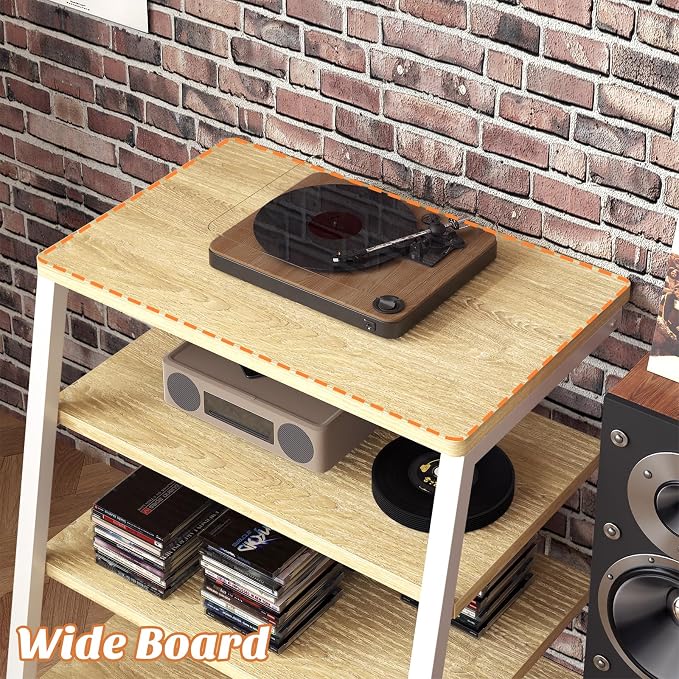 Besiost AV Media Stand with Outlets, Media Console with LED Lights, Stereo Racks and Stands with Storage Shelves, Media Audio Tower Cabinet, Natural Oak and White