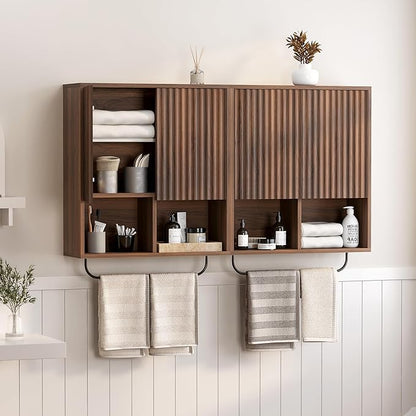 Fluted Wall Cabinets with Doors and Shelves Set of 2, Modern Medicine Cabinet Bathroom Adjustable Shelf Towel Rack Wood Storage Cabinet for Kitchen Dining Room Living Room, Brown