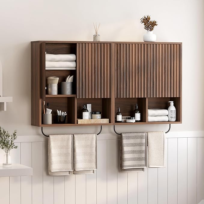 Fluted Wall Cabinet, Modern Medicine Cabinet Bathroom with Doors and Adjustable Shelf Towel Rack Wood Storage Cabinet for Kitchen Dining Room Living Room, Brown