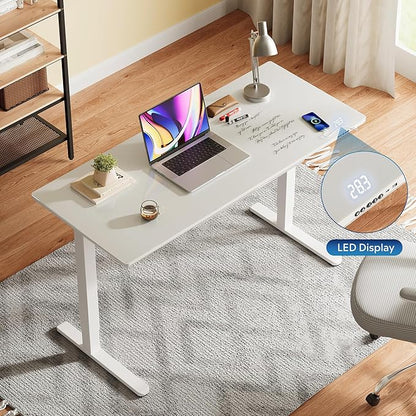 DEVAISE Standing Desk with Drawers, Whole-Piece Glass Adjustable Height Desk, 55 Inch Electric Stand Up Desk, Quick Install, White