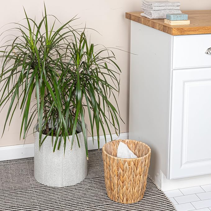 Household Essentials Handwoven Round Water Hyacinth Waste Basket with Plastic Liner, Natural