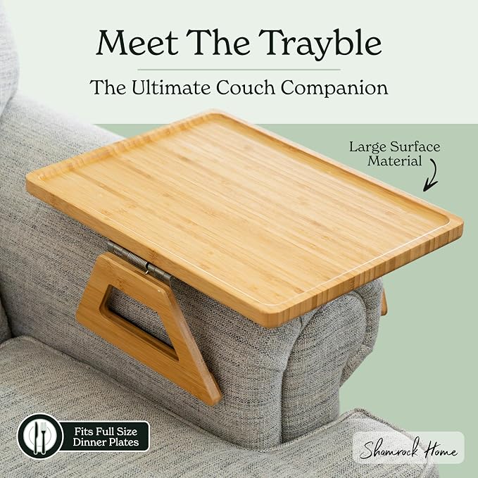 Shamrock Home Bamboo Trayble Couch Arm Table, Clip On Tray Sofa Table for Couches. Sofa Arm Tray for TV Dinners, Remotes, Drinks, Snacks and Small Spaces - 15.75 x 11inch, Beige