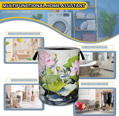 NUTAINLA Lotus Laundry Basket Beautiful Flowers Foldable Oxford Cloth Funny Tote Bag Laundry Hamper Clothes Storage Bucket Toy Organizer For Bathroom/Laundry Storage/Bedroom 18.9x16.5 Inch