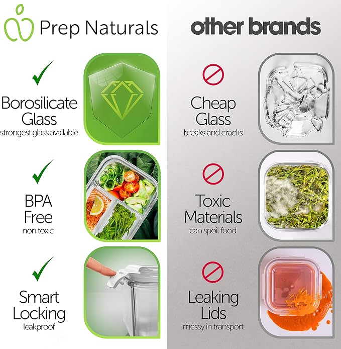 PrepNaturals 4 Pack 34 Oz Glass Meal Prep Containers - Dishwasher Microwave Freezer Oven Safe - Glass Storage Containers with Lids (Multi-Compartment)