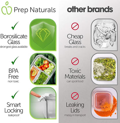 PrepNaturals 4 Pack 34 Oz Glass Meal Prep Containers - Dishwasher Microwave Freezer Oven Safe - Glass Storage Containers with Lids (Multi-Compartment)