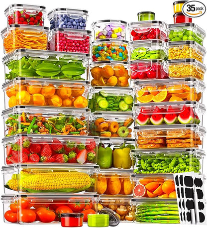 KEMETHY 70 PCS Food Storage Containers with Lids(35 Containers & 35 Lids), BPA-Free Plastic Food Containers for Kitchen Storage, Leak Proof, Reusable Meal Prep Containers with Labels & Pen