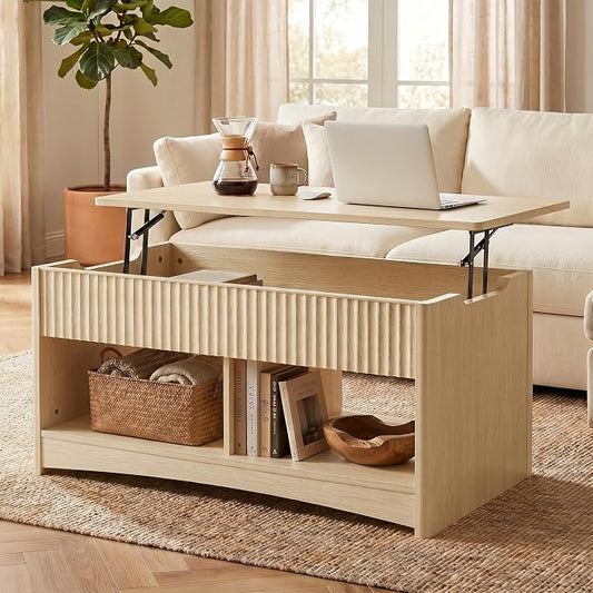 Marsail Lift-Top Coffee Table, Fluted Center Table with Hidden Compartments, Smooth Lifting & Space-Saving Design, Versatile Wood Coffee Table for Living Room and Office, Oak