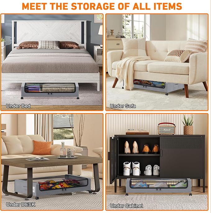Under Bed Storage with Wheels, 2 Pack Under Bed Storage Containers with Clear Lids, XXL 65L Under Bed Storage Organizer, Rolling Under Bed Metal Drawer for Blanket, Clothes, Shoes (31 x 17 x 6.69 in)