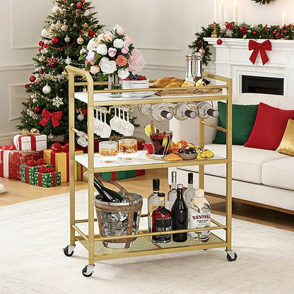3 Tier Bar Cart, Small Beverage Cart, Mini Bar Cart with Wine Rack, Home Bar Serving Cart with Wheels for Kitchen Dining Living Room (Gold, General)