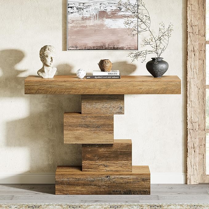 Tribesigns 42.5" Farmhouse Console Table, Narrow Wood Sofa Table Behind Couch with Geometric Base, Industrial Entryway Accent Table for Living Room, Hallway, Entrance (Light Brown)