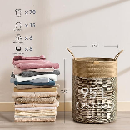 Laundry Hamper 95L,Large Laundry Basket for Clothes,Decorative Storage Basket for Blankets,Cotton Rope Woven basket for bedroom,Dark Brown