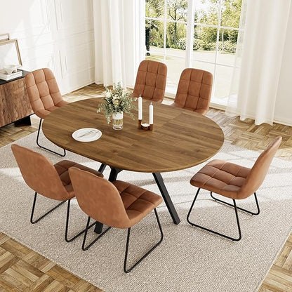 Extendable Round Dining Table Set for 6 People, 43.3"-59.1" Extendable Kitchen Table with 6 Upholstered Chairs, Space Saving for Kitchen Dining Room (Walnut Table+6 U-Shaped Brown Chairs)