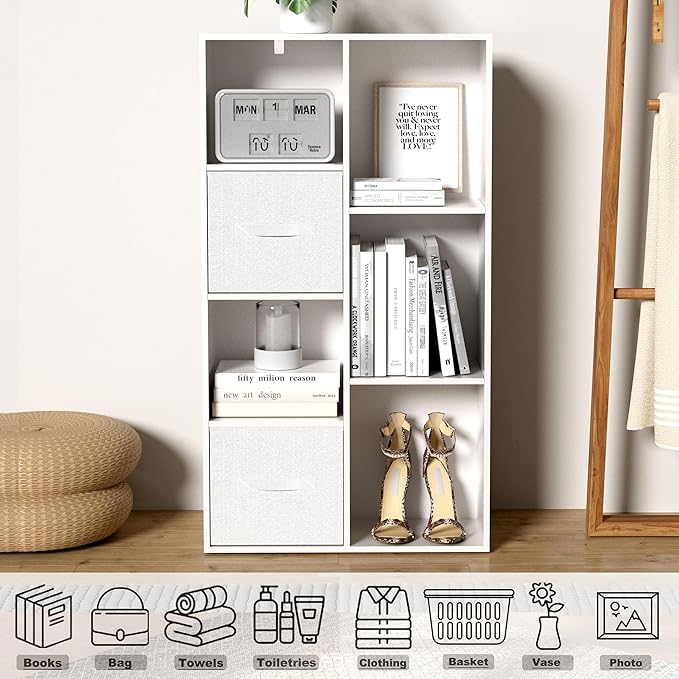 Cube Bookshelf, White Wooden Cube Storage Organizer, Freestanding Book Shelf, Cubby Shelf, Perfect Shelves for Bedroom, Kids Room, Closet, Classroom & Office (7-Cube)