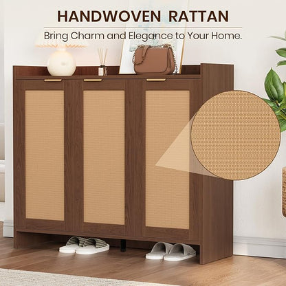 Shoe Cabinet, 41" Tall Rattan Shoe Storage Organizer Cabinet, Adjustable Shelves, 6-Tier Farmhouse Boho Wooden Storage Cabinet for Entryway Hallway Closet Bedroom,Walnut