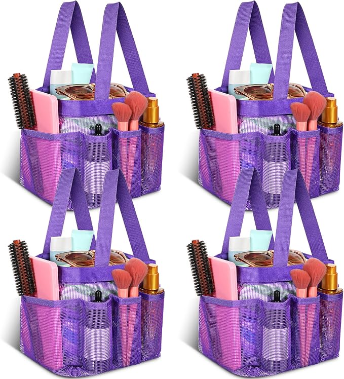 Hillban 4 Pcs Mesh Shower Caddy Portable Shower Caddy for Dorm Beach Mesh Bags with Deeper 8 Pockets and Handles Showers Caddies Basket for Women College Room Vacation(Purple)