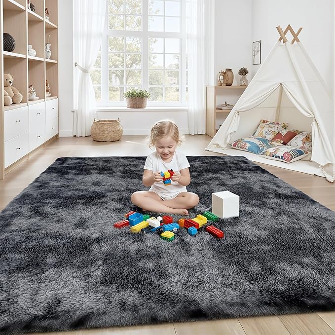 Area Rug for Living Room Bedroom:6x9 Black Grey Soft Fluffy Shag Upgrade Non-Slip High Pile Carpet Large Fuzzy Plush Indoor Floor Decor Shaggy Rug for Kid Boys Girls Playroom Nursery Modern Home
