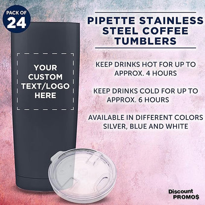 Custom Pipette Stainless Steel Coffee Tumblers 20 oz. Set of 24, Personalized Bulk Pack - Double Wall, Perfect for Coffee, Hot Cocoa, Other Hot & Cold Beverages - Charcoal