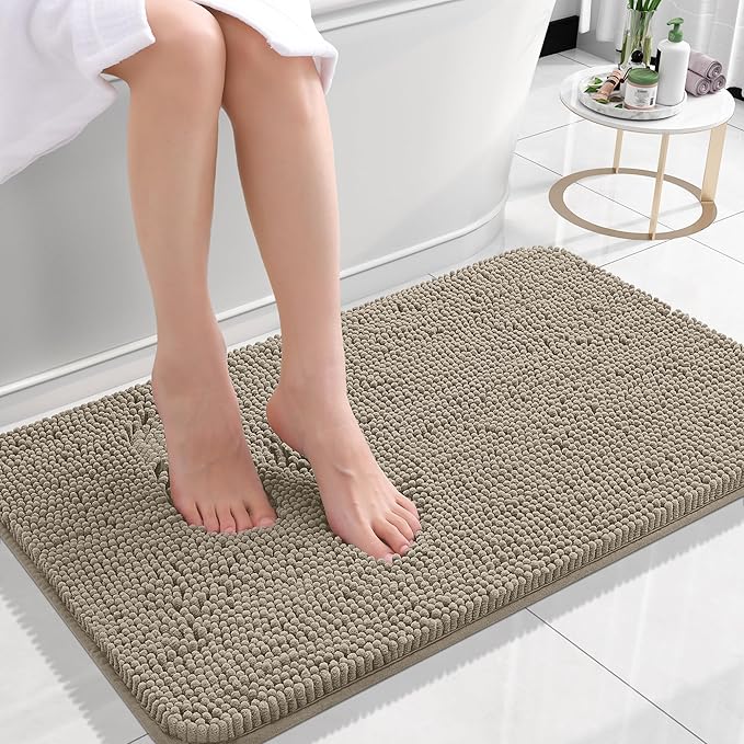 OLANLY Small Bathroom Rugs 24x16, Extra Soft Absorbent Chenille Bath Rugs, Rubber Backing Quick Dry, Machine Washable Bath Mats for Bathroom Floor, Tub and Shower, Home Decor Accessories, Warm Taupe
