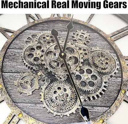DORBOKER 27" Real Moving Gears Large Wall Clock with Toughened Glass Cover, Giant Wood Farmhouse Clock, Oversized Vintage Industrial Rustic Clock for Living Room Decor Home Kitchen (Carbon Grey)