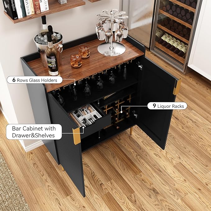 ARTPOWER Sideboard Buffet Cabinet with Fluted Texture, Modern Coffee Bar Cabinet with Wine Rack&Drawers, Black Liquor Cabinet for Kitchen Dining Room, Living Room
