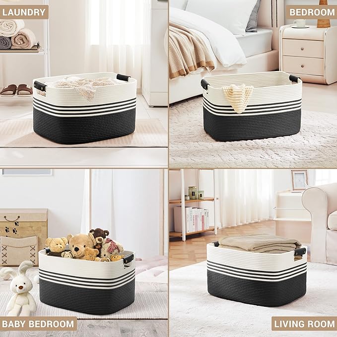 SunNewt 72L Large Laundry Basket with Leather Handles for Living Room Storage, Woven Rope Baskets Bin for Blanket, Kids Toy, Gifts, Wicker Hamper for Bedroom Dirty Clothes, 22"x17"x12" White Black