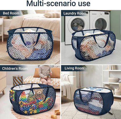 Collapsible Laundry Baskets with Side Pocket, Sturdy Pop Up Foldable Laundry Hamper with Reinforced Handles, Easy to Carry Clothes Hamper for Bathroom, Bedroom, Dorm, Travel -Prism Print, Navy Blue