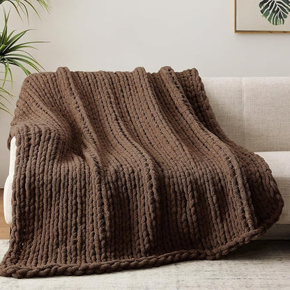Negwoo Chunky Knit Throw Blanket, 80''*90'' Knitted Throw Chenille Yarn for Bed Couch, Handmade Dark Brown Crochet Big Thick Blanket, Machine Washable Cute Comfy Blanket for Home Decor