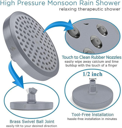 SparkPod Rain Shower Head, 6 Inch Round | High Pressure Shower Heads, 90 Nozzle (Touch-to-Clean), Adjustable Showerhead, No-tool Universal Connection