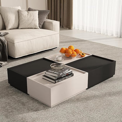 Coffee Table with Storage,Modern Center Table with 4 Hidden Drawers for Living Room,Rectangle Coffee Table for Home Furniture,Bedroom,Black and Beige Gray