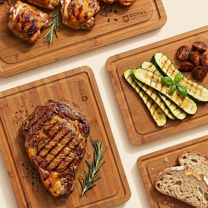 ROYAL CRAFT WOOD Wooden Cutting Boards for Kitchen Meal Prep & Serving - Bamboo Non Toxic Cutting Board Set with Deep Juice Groove Side Handles - Charcuterie & Chopping Butcher Block for Meat (4 Pcs)