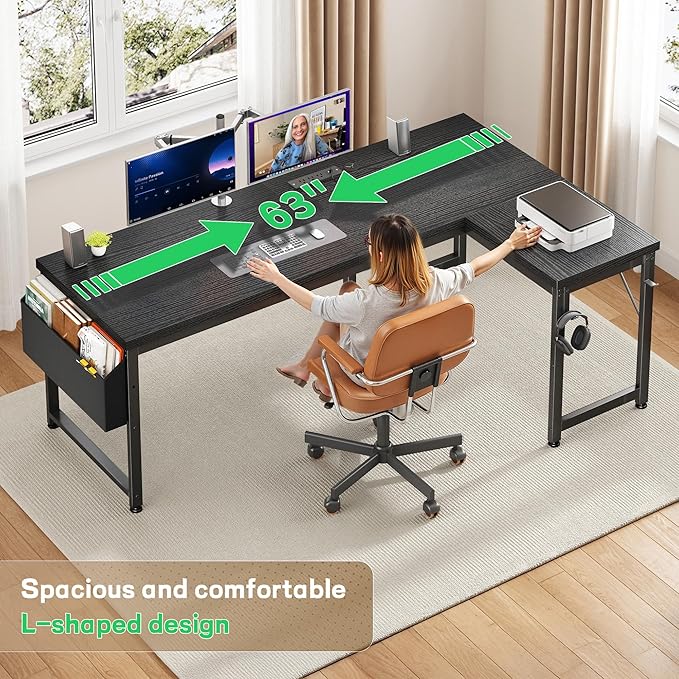 63 Inch L Shaped Desk Gaming Desk with Power Outlets & 0.95 Inch Thicker Desktop & Lights, Computer Desk with Storage Bag, Reversible Office Corner Desk for Home Office,Living,Bedroom,Black