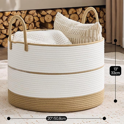 KAKAMAY Cotton Rope Storage Basket (20"x13"),Woven Blanket Baskets for Toys,Pillows,Clothes,Sturdy Handles Decorative Basket for Living Room, Bedroom,Nursery(Brown/Black)