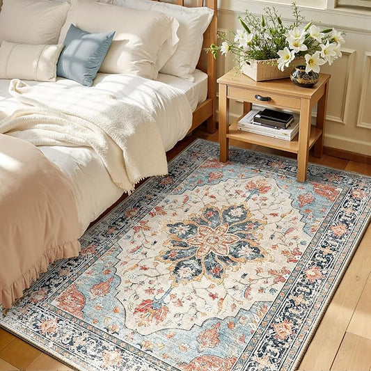 RELEANY Area Rugs 3'x5' Washable Non-Slip, Floral Vintage Distress Medallion Carpet for Living Room Bedroom Dining Room, Beige Navy Blue Orange Colorful