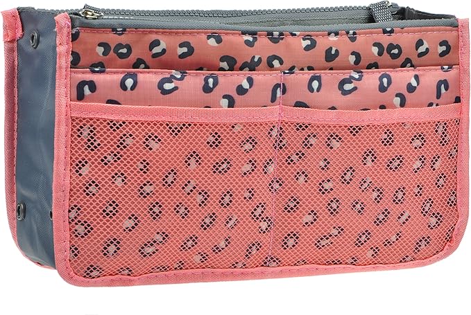 Vercord Purse Organizer Insert for Handbags Bag Organizers Inside Tote Pocketbook Women Nurse Nylon 13 Pockets Pink Leopard Medium